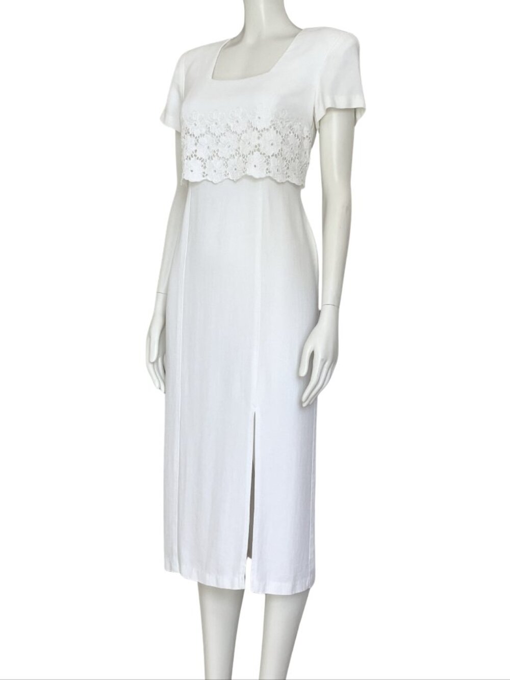Vintage 90s White Midi Dress Lace Medium 8 Cottagecore Minimalist Casual Summer - Picture 2 of 9